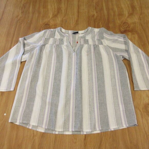 SPLENDID Linen Blend Top Blouse Size M Yoked Grey Purple White Strip Shirt NWT - Picture 1 of 16